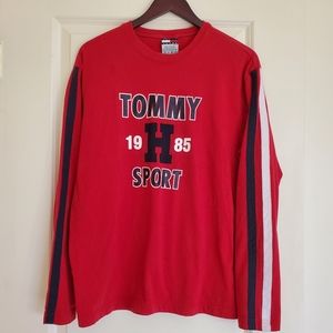 VTG Tommy Hilfiger Sport Spell Out Men's Medium Red Long Sleeve T-Shirt Y2K